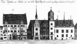 Das Rathaus zu Halle (A)  und die Raths-Waage (B) in welcher zunchst die Universitt untergebracht ist