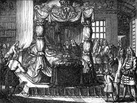 König Friedrich I. auf dem Totenbette und Eidesleistung für den neuen König am 25. Februar 1713