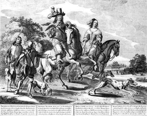 Der Große Kurfürst mit seiner Gemahlin Louise Henriette auf der Falkenjagd